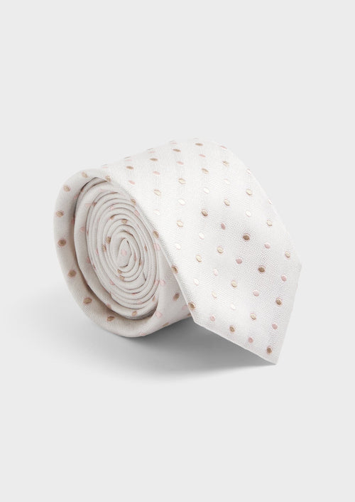 Cravate large en soie écrue à pois rose et beige - Father & Sons - 1