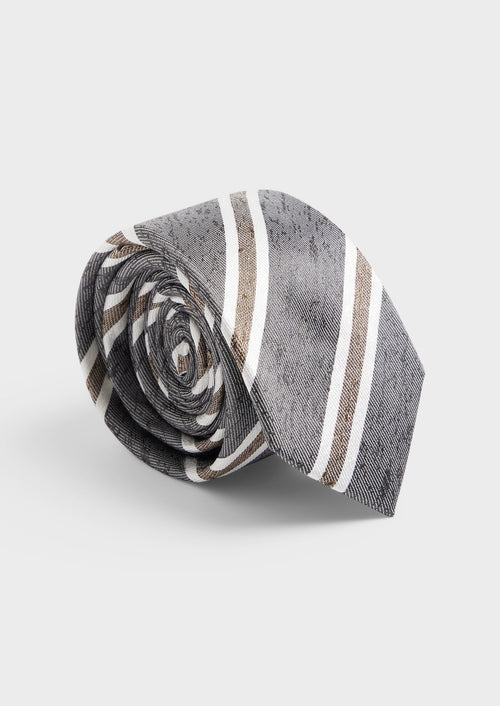 Cravate large en soie gris clair à rayures marron et blanc - Father & Sons - 1