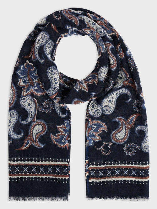 Echarpe en laine bleu marine à motif cachemire - Father & Sons - 1