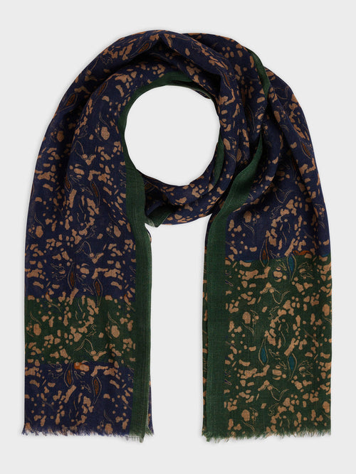 Echarpe en laine Mérinos bleu indigo à motif kaki et beige - Father & Sons - 1