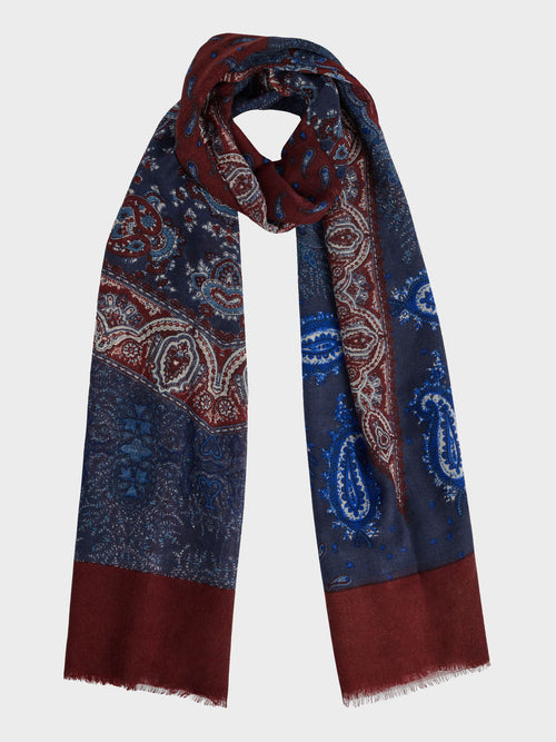 Echarpe en laine bordeaux à motif bleu - Father & Sons - 1