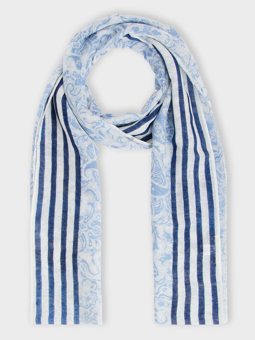 Echarpe en coton et lin bleu ciel à motif et rayures - Father & Sons - 1