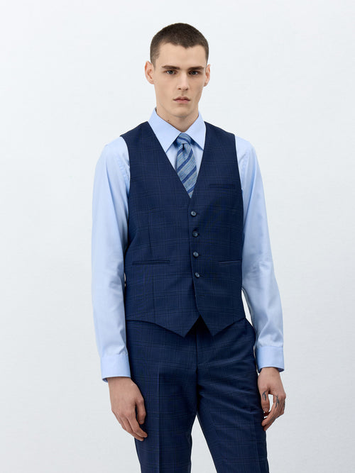 Gilet de costume en laine bleu marine Prince de Galles - Father & Sons - 1