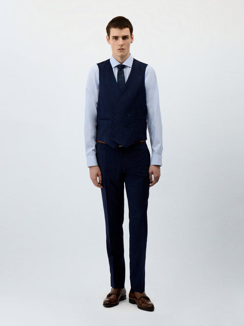Gilet de costume croisé en laine bleu marine Prince de Galles - Father & Sons - 3