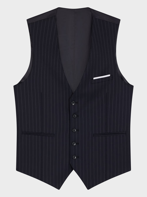 Gilet de costume en laine bleu marine à rayures - Father & Sons - 4