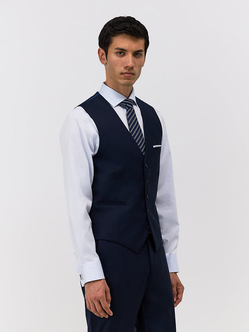 Gilet de costume en laine Marzotto unie bleu marine - Father & Sons - 1