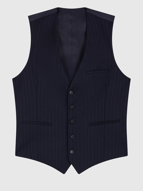 Gilet de costume en laine bleu marine à rayures - Father & Sons - 4