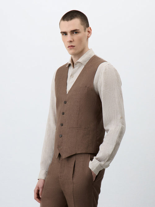 Gilet de costume en lin marron - Father & Sons - 1