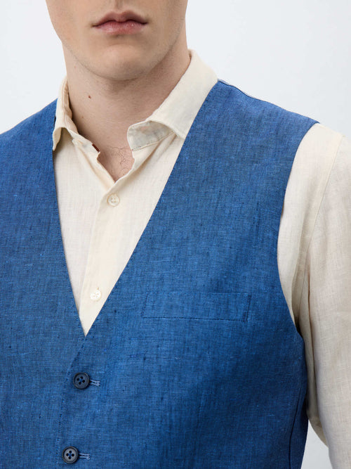 Gilet de costume en lin bleu indigo - Father & Sons - 3
