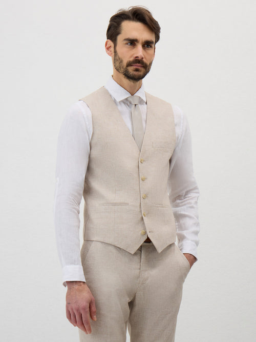 Gilet de costume en lin et coton beige clair Prince de Galles - Father & Sons - 1