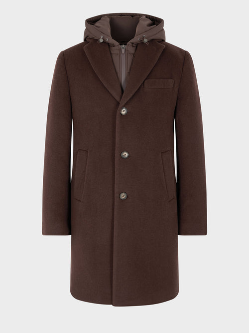 Manteau en laine mélangée marron à capuche amovible - Father & Sons - 5