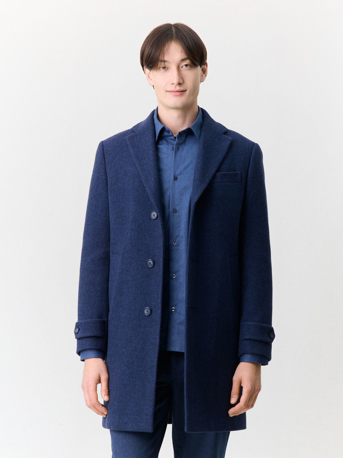 Manteau en laine mélangée bleu indigo à capuche amovible Father & Sons