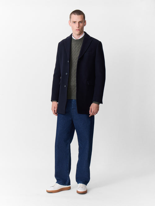 Manteau en laine mélangée bleu marine à parementure amovible - Father & Sons - 5