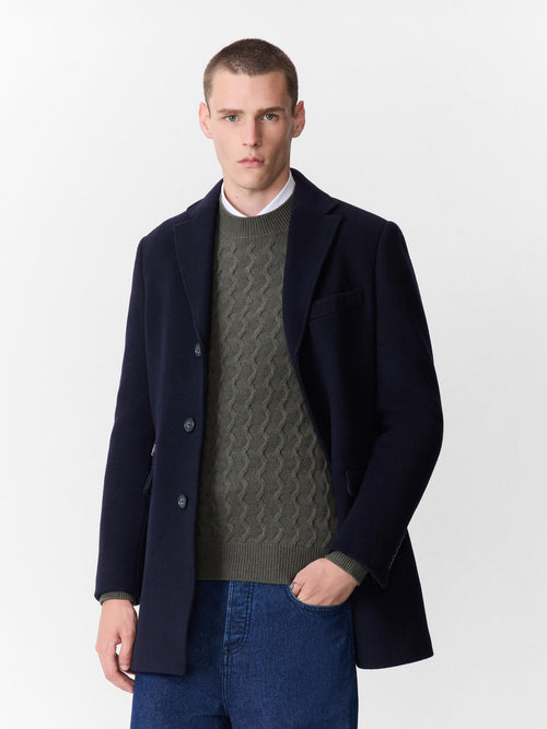 Manteau en laine mélangée bleu marine à parementure amovible - Father & Sons - 3
