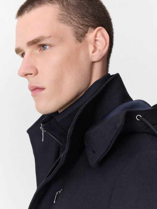 Manteau en laine et coton bleu marine à capuche amovible - Father & Sons - 3