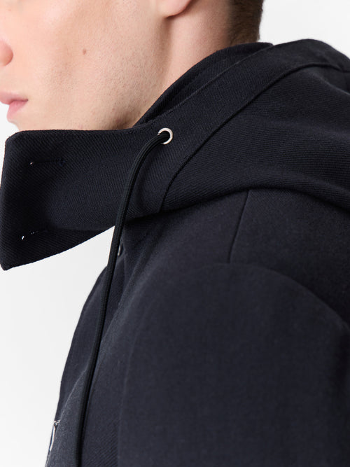 Manteau en laine et coton bleu marine à capuche amovible - Father & Sons - 4