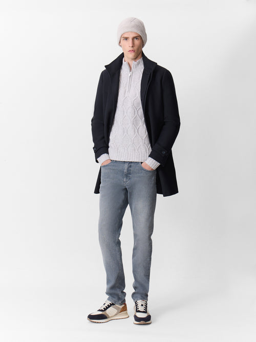 Manteau en laine et coton bleu marine à capuche amovible - Father & Sons   - 5