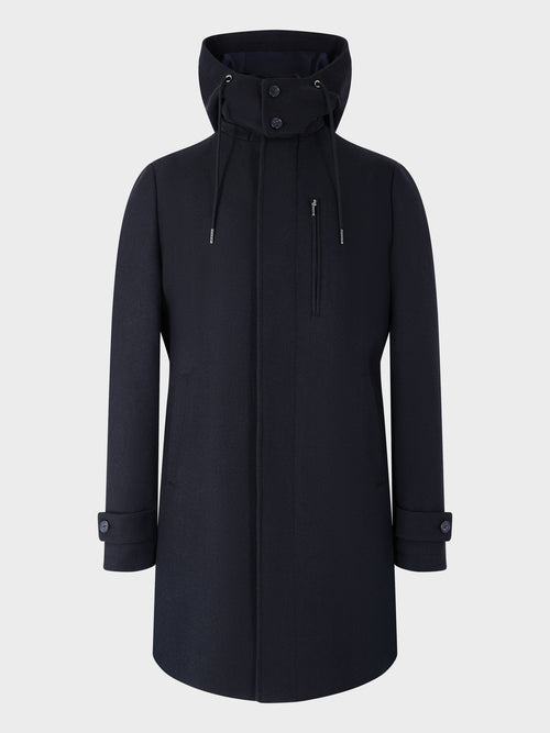 Manteau en laine et coton bleu marine à capuche amovible - Father & Sons   - 6