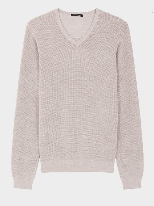 Pull col V en laine Mérinos mélangée beige - Father & Sons - 4