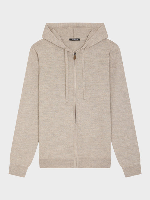 Gilet à capuche zippé en laine Mérinos mélangée beige - Father & Sons - 4
