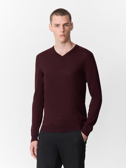 Pull col V en laine Mérinos mélangée bordeaux - Father & Sons - 1