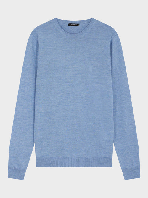 Pull col rond en laine Mérinos mélangée bleu chambray - Father & Sons - 1