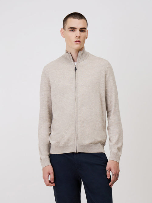 Gilet zippé en laine Mérinos mélangée beige - Father & Sons - 1