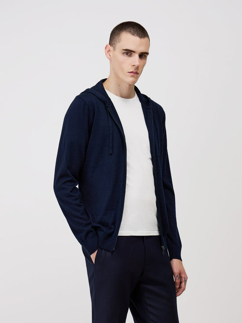 Gilet à capuche zippé en laine Mérinos mélangée bleu marine - Father & Sons   - 1
