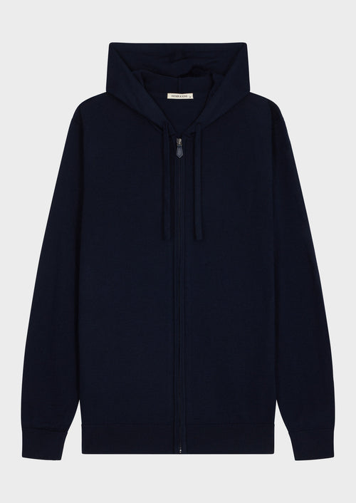 Gilet à capuche zippé en laine Mérinos mélangée bleu marine - Father & Sons   - 4