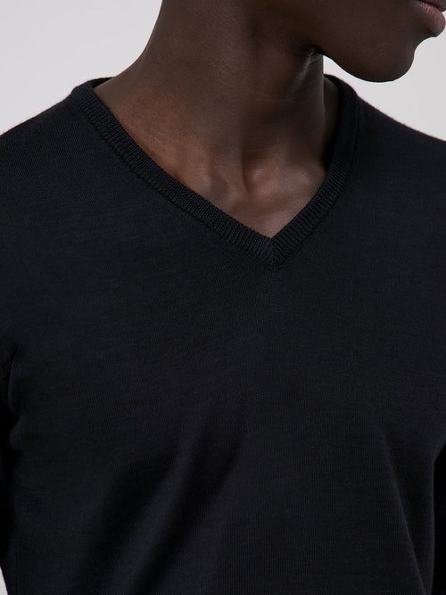 Pull col V en laine Mérinos mélangée noire - Father & Sons - 3