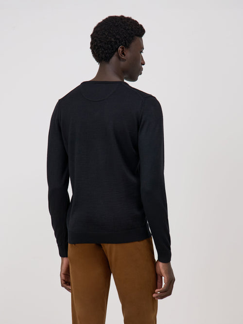 Pull col V en laine Mérinos mélangée noire - Father & Sons - 2