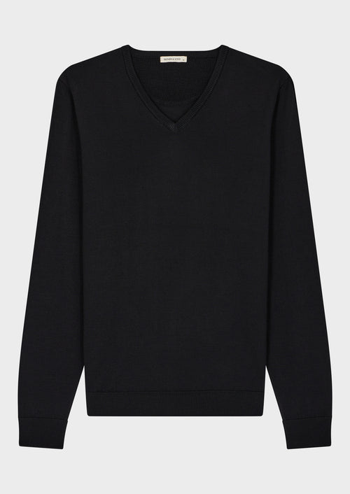 Pull col V en laine Mérinos mélangée noire - Father & Sons - 4