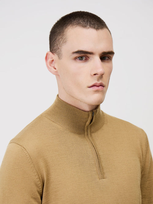 Pull col zippé en laine Mérinos mélangée marron - Father & Sons - 3