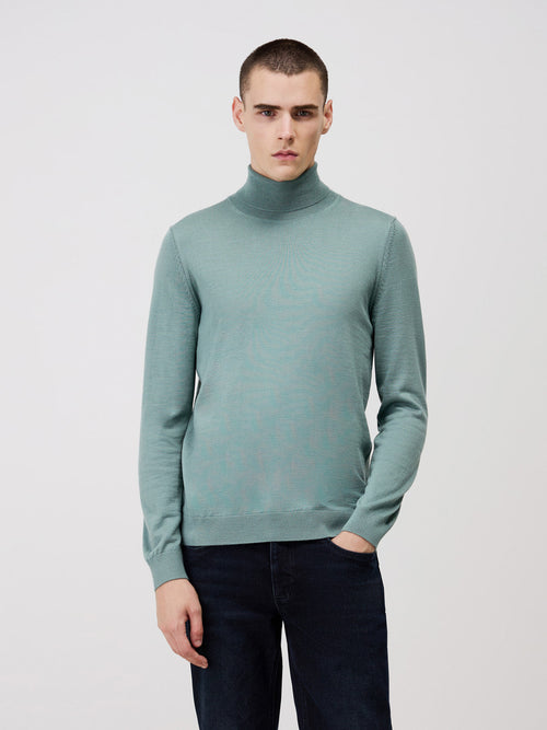 Pull col roulé en laine Mérinos mélangée verte - Father & Sons - 1