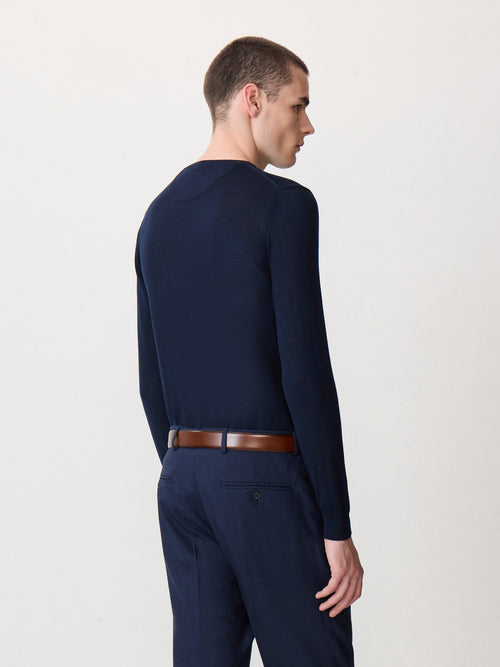 Pull col rond en laine Mérinos mélangée bleu marine - Father & Sons - 2