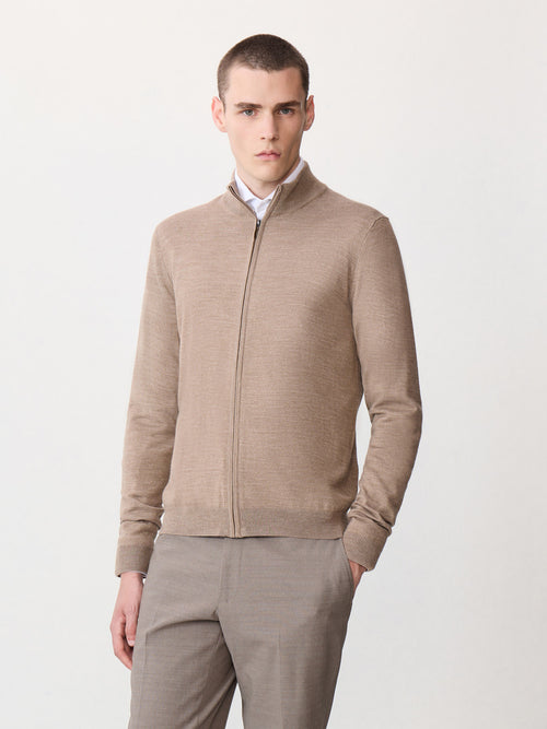 Gilet zippé en laine Mérinos mélangée marron - Father & Sons - 1