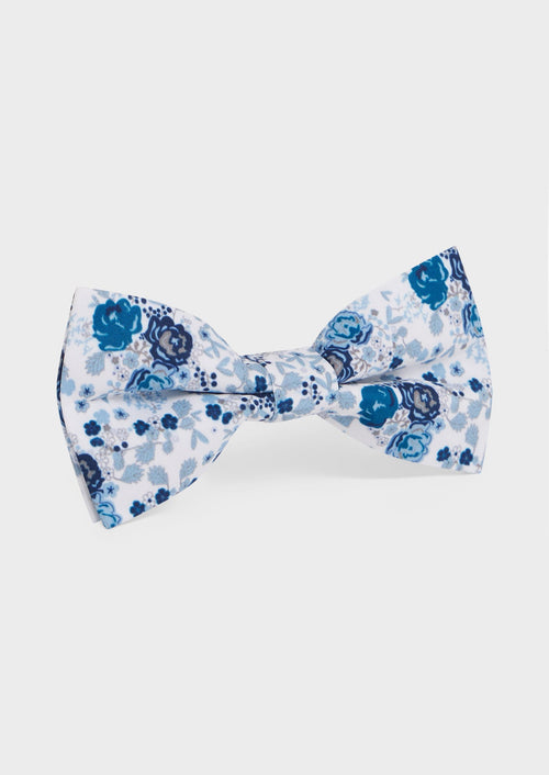 Noeud-papillon blanc à motif fleuri vert et bleu prusse - Father & Sons - 1