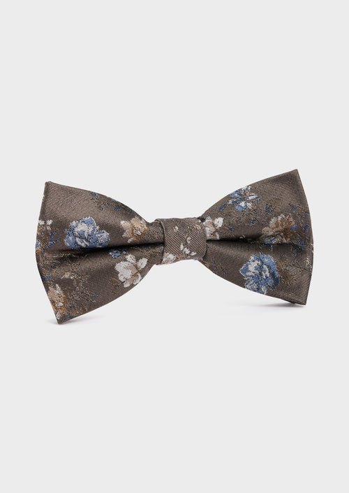 Noeud papillon en soie mélangée taupe à motif fleuri bleu et beige - Father & Sons - 1