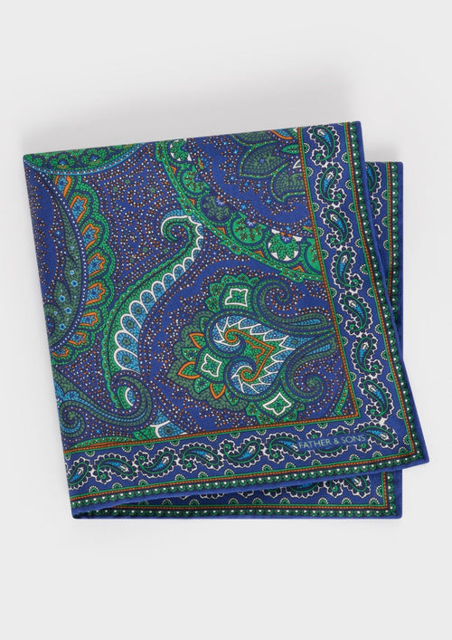 Pochette en soie bleu cobalt à motif cachemire vert, blanc et orange - Father & Sons - 1