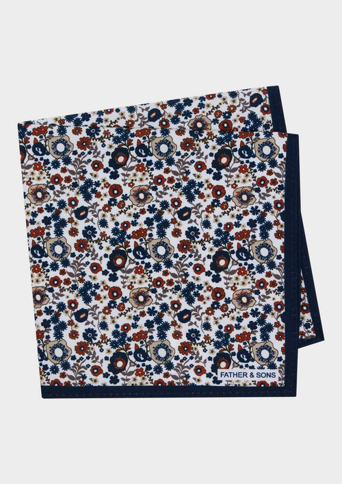 Pochette blanche à motif fleuri bleu marine, beige et terracotta - Father & Sons - 1