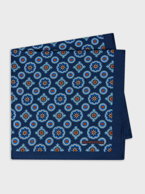 Pochette en soie bleu indigo à motif - Father & Sons - 1