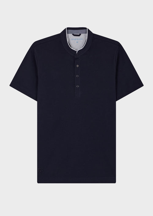 Polo manches courtes Slim en coton uni bleu jeans à col officier - Father & Sons - 1
