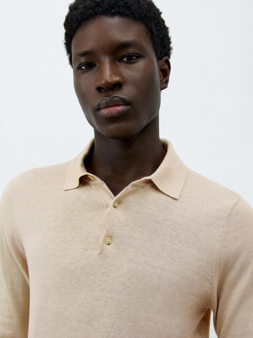 Polo manches longues Slim en maille coton et soie beige - Father & Sons - 3