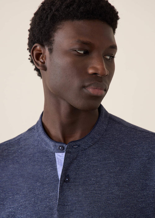 Polo manches longues Slim en coton uni bleu jeans à col officier - Father & Sons - 3