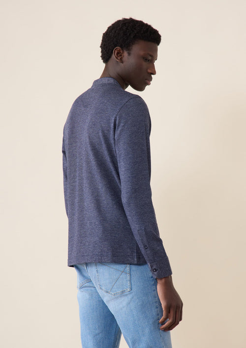 Polo manches longues Slim en coton uni bleu jeans à col officier - Father & Sons - 2