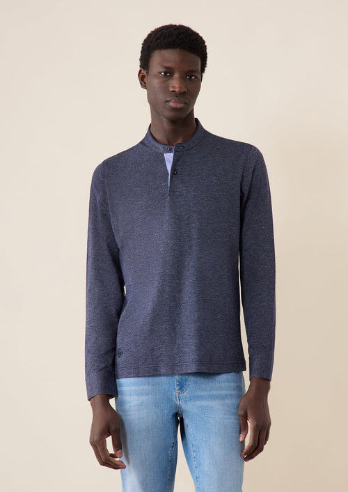 Polo manches longues Slim en coton uni bleu jeans à col officier - Father & Sons - 1