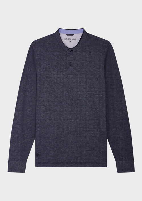 Polo manches longues Slim en coton uni bleu jeans à col officier - Father & Sons - 4