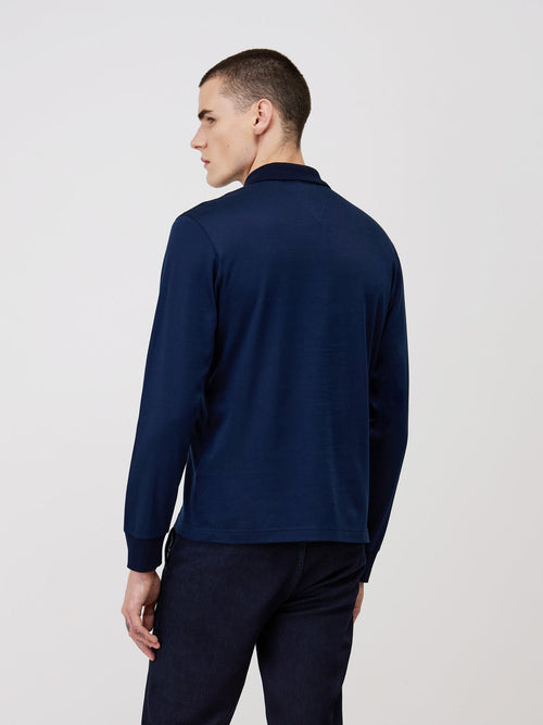 Polo manches longues Slim en coton mélangé bleu indigo - Father & Sons - 2