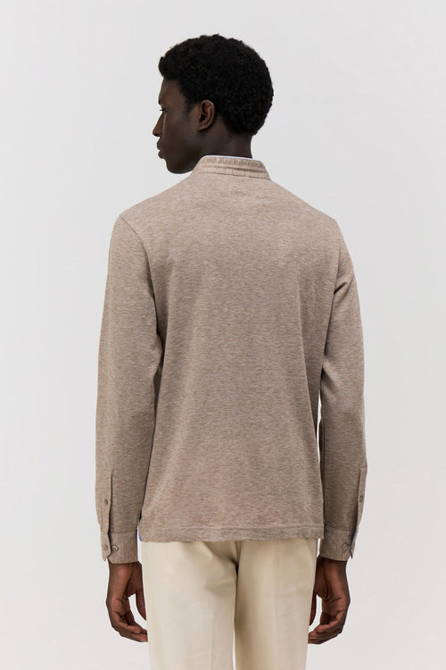 Polo manches longues Slim en coton mélangé beige à col officier - Father & Sons - 2