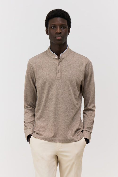 Polo manches longues Slim en coton mélangé beige à col officier - Father & Sons - 1